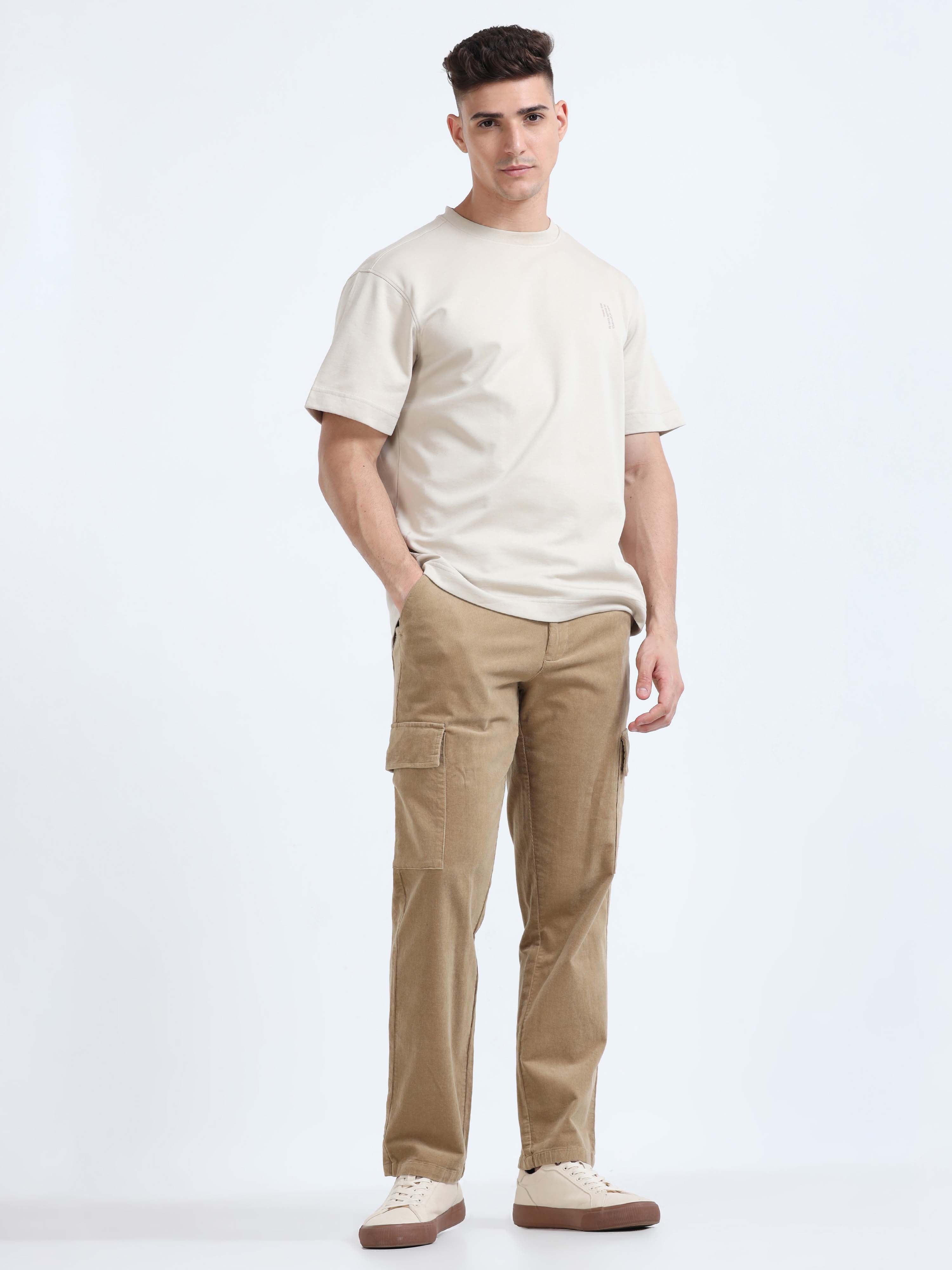 Soft Corduroy Beige Relaxed Cargo Pant
