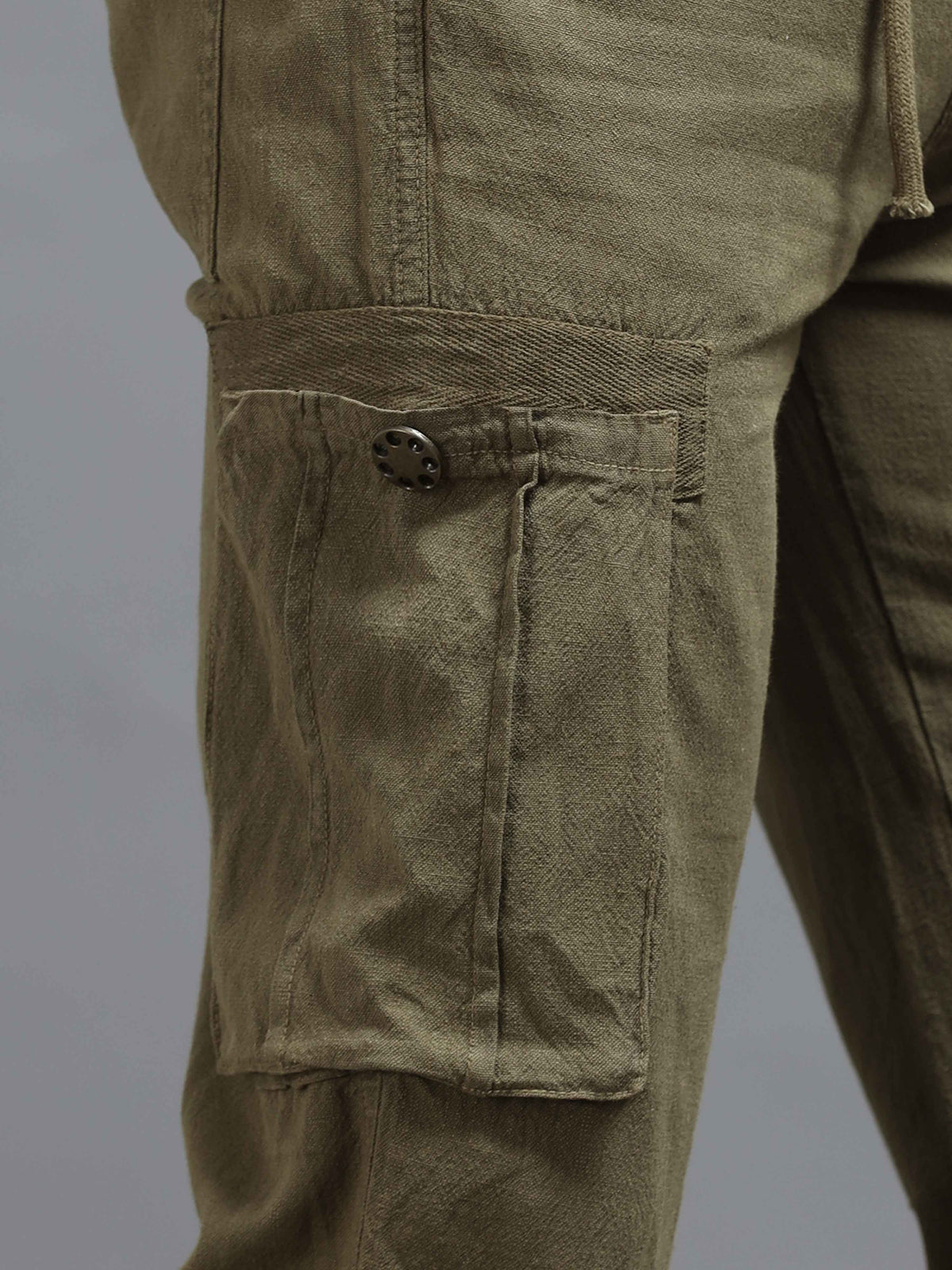 Olive Linen Cargo Pants for Men detail view - Portofino Linen Pant by Italian Colony
