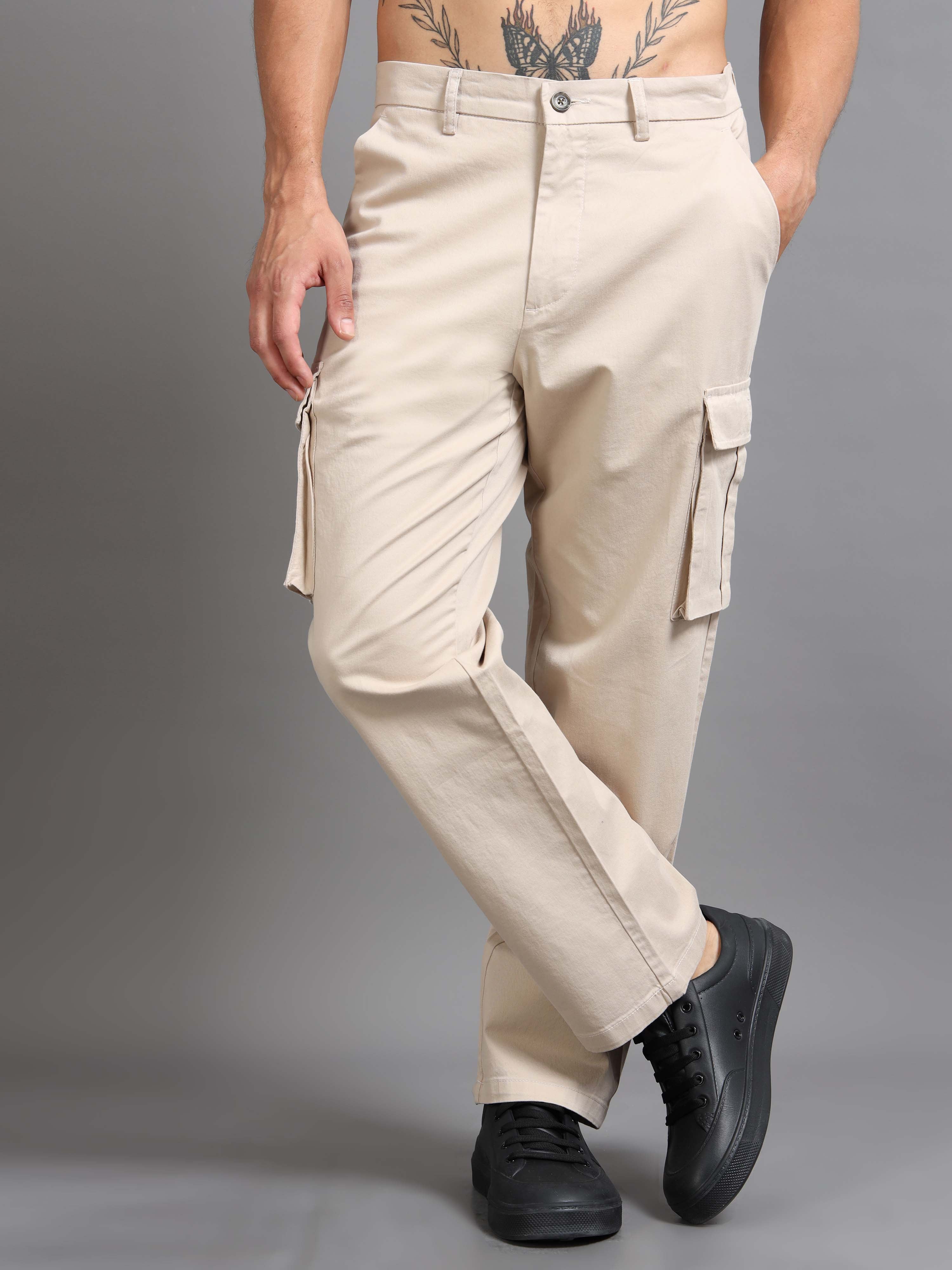 Finest Twill Baggy Fit Cargo In Cream - Mens Cargo Trousers