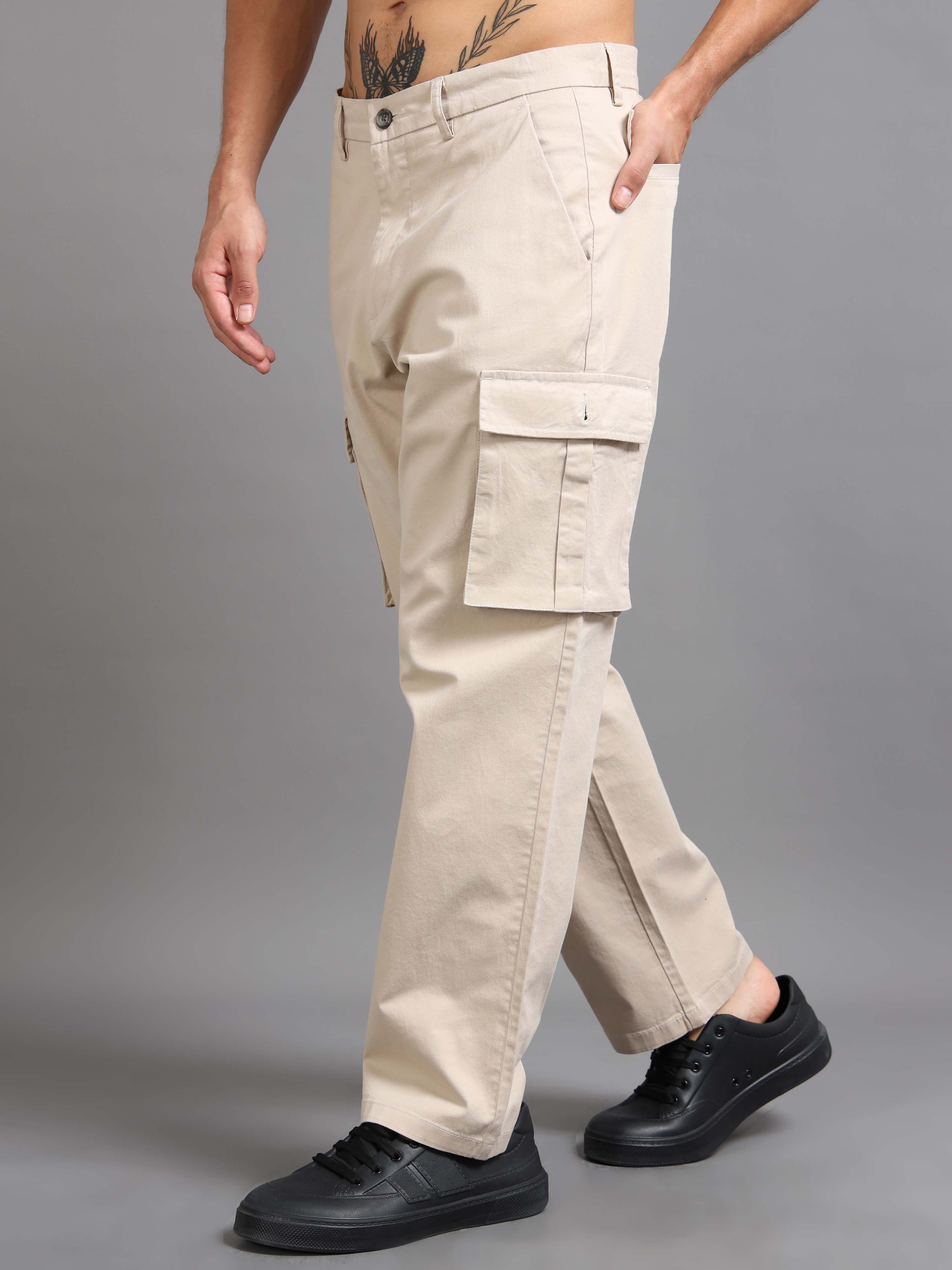 Finest Twill Baggy Fit Cargo In Cream - Mens Cargo Trousers