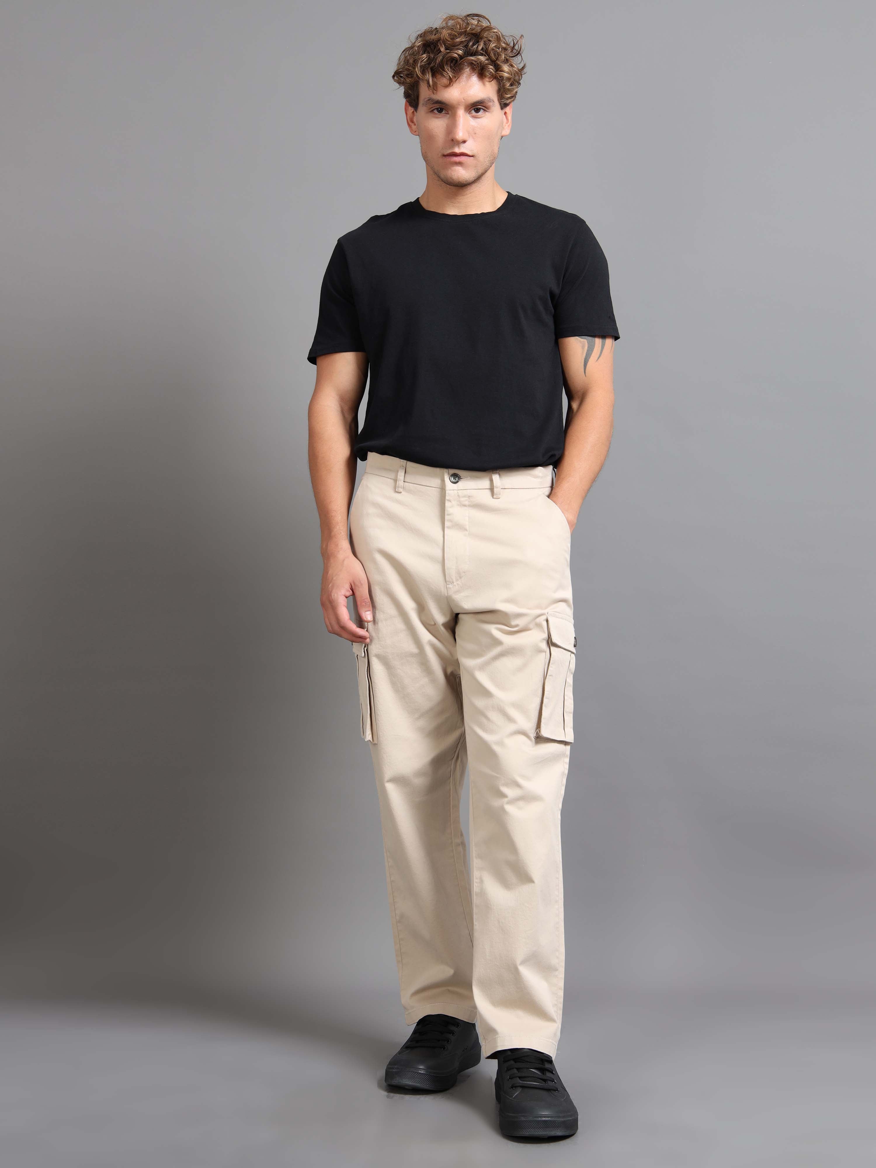 Finest Twill Baggy Fit Cargo In Cream - Mens Cargo Trousers
