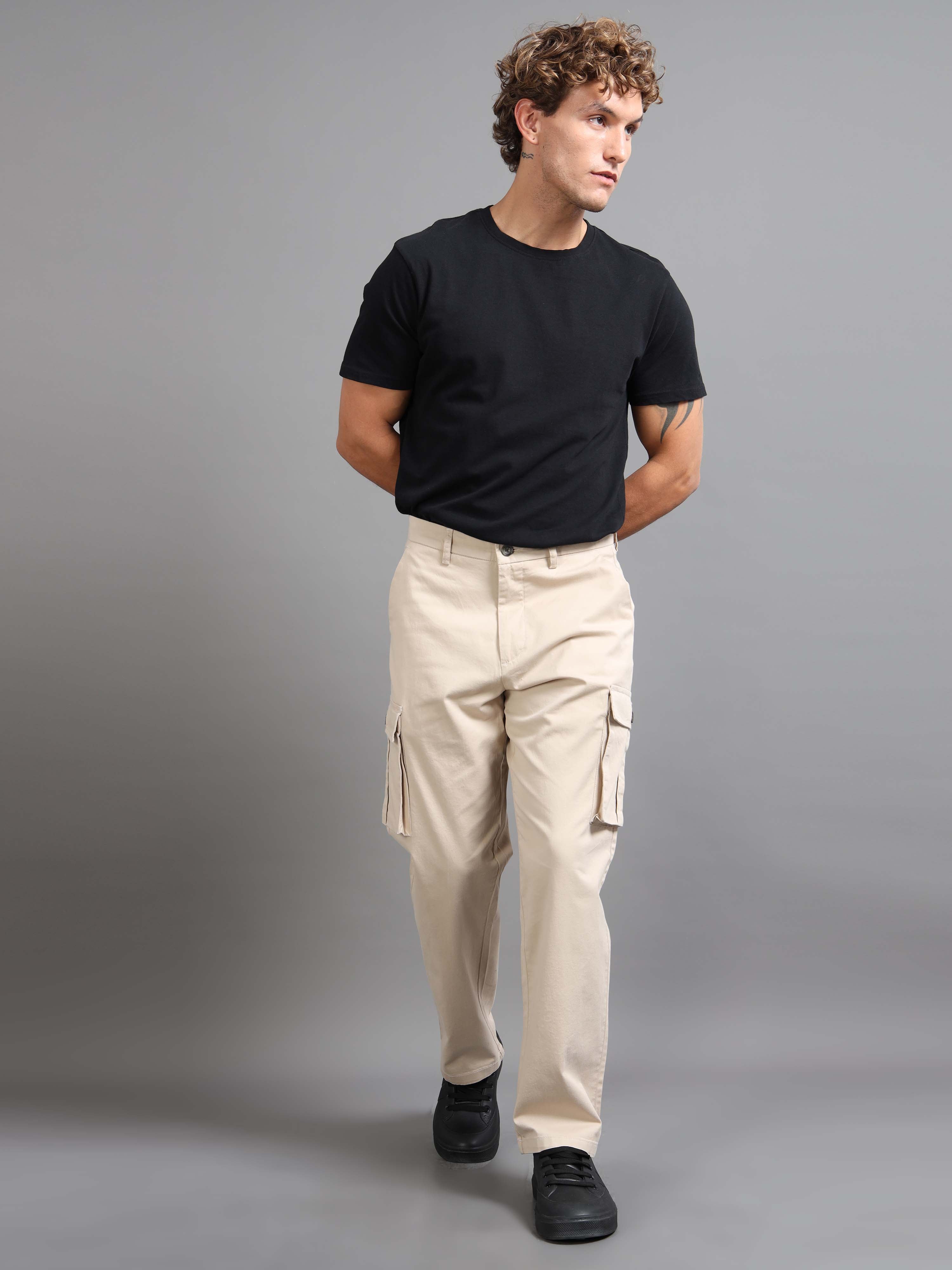 Finest Twill Baggy Fit Cargo In Cream - Mens Cargo Trousers