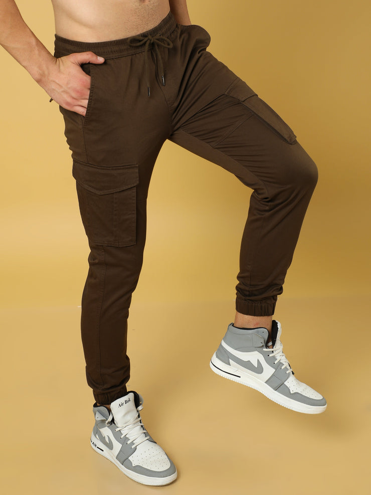 Cotton Regular Solid Coffee Brown Cuffed Cargo Jogger
