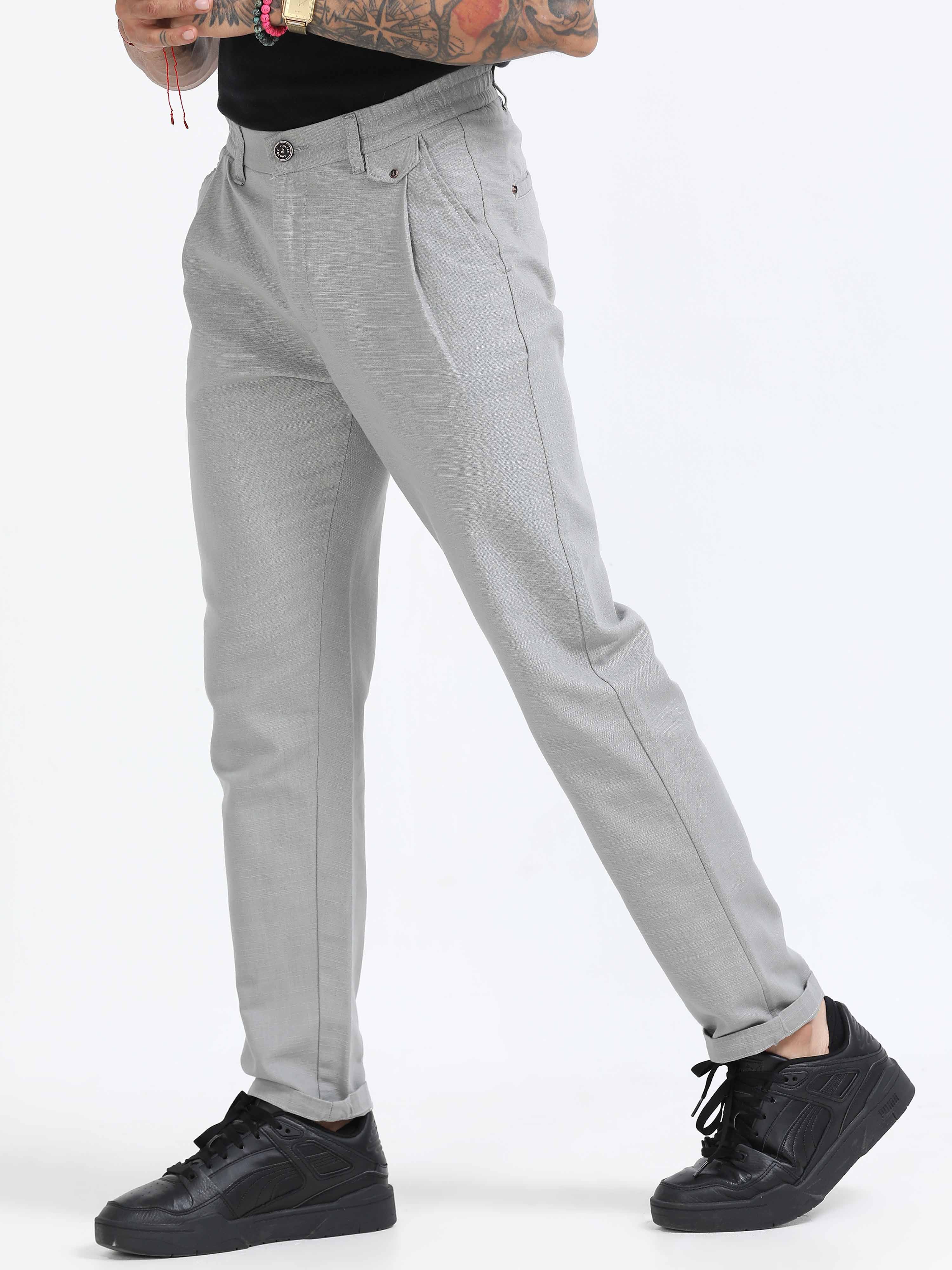 Light Grey Linen Pleated Trouser for Men