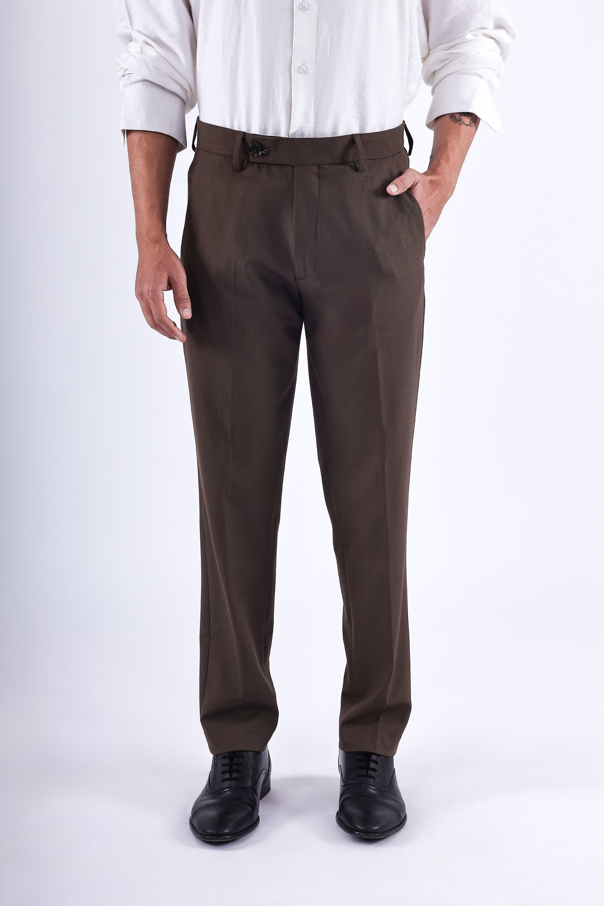 Stretch Easy Striped Formal Pants In Brown