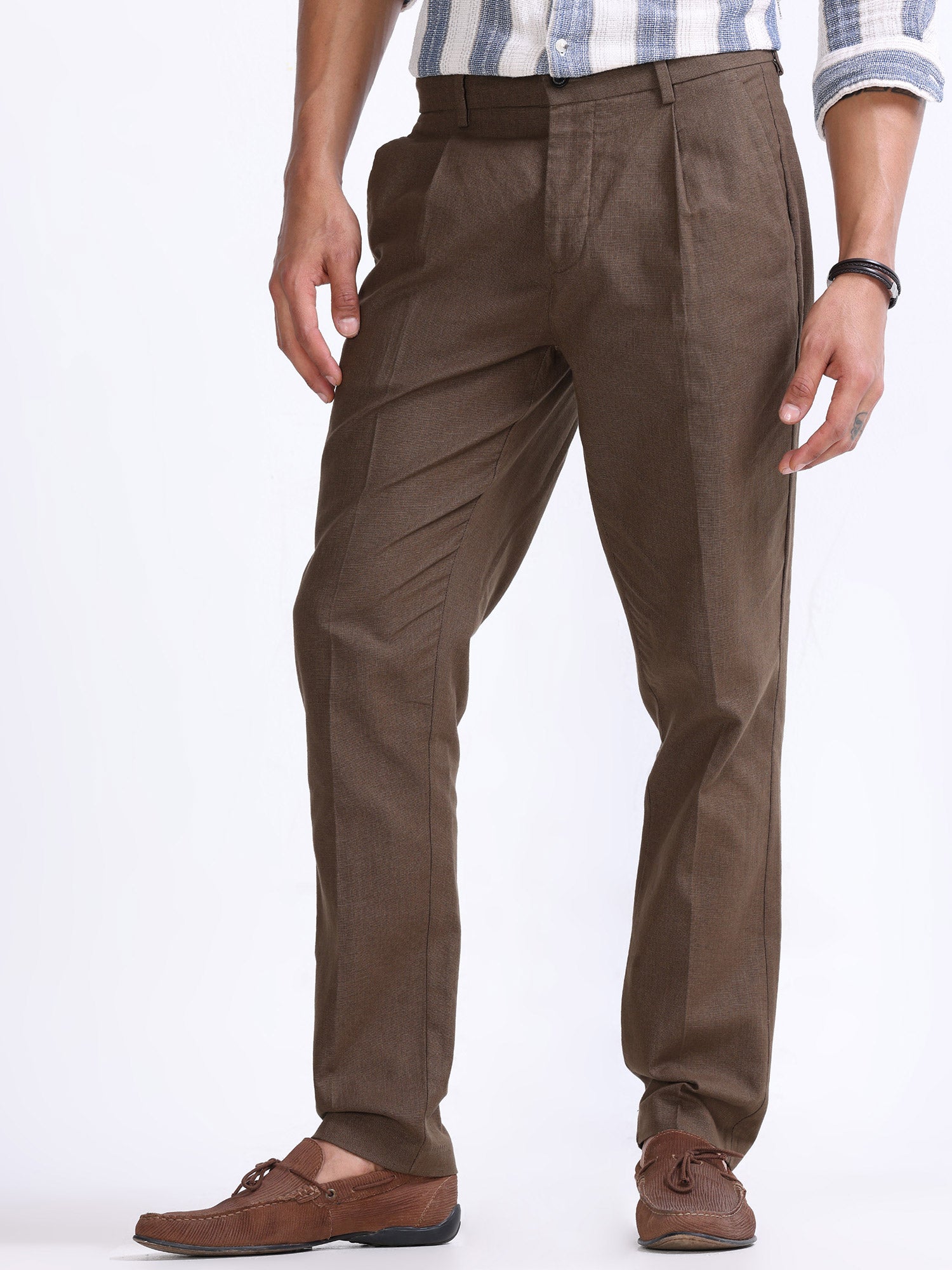 Raw Slub Fur Brown Pleated Pant mens casual linen pants