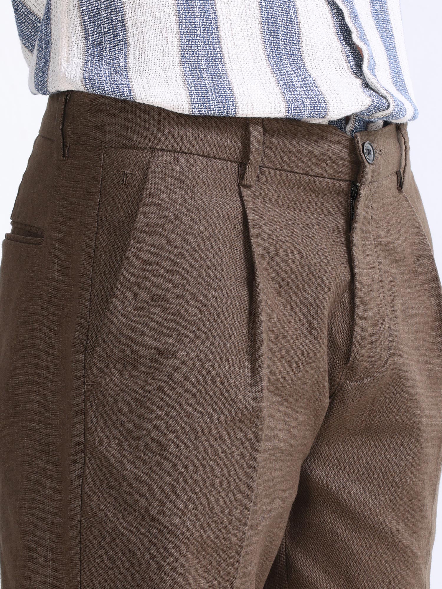 Raw Slub Fur Brown Pleated Pant mens casual linen pants