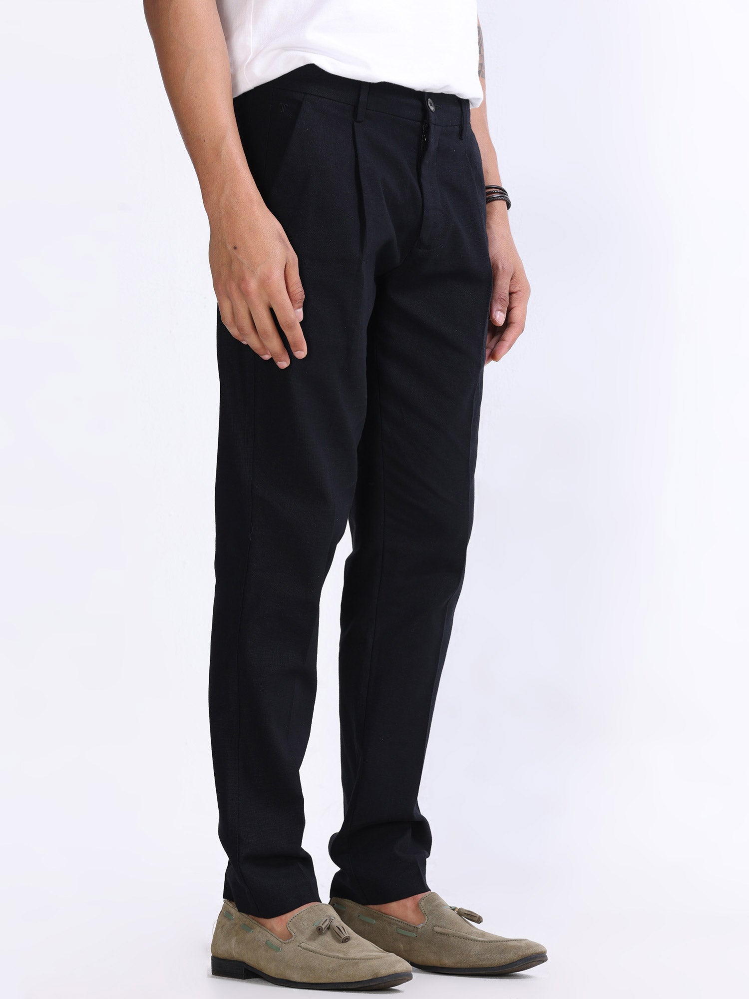 Raw Slub Black Pleated Pant mens black linen trousers 