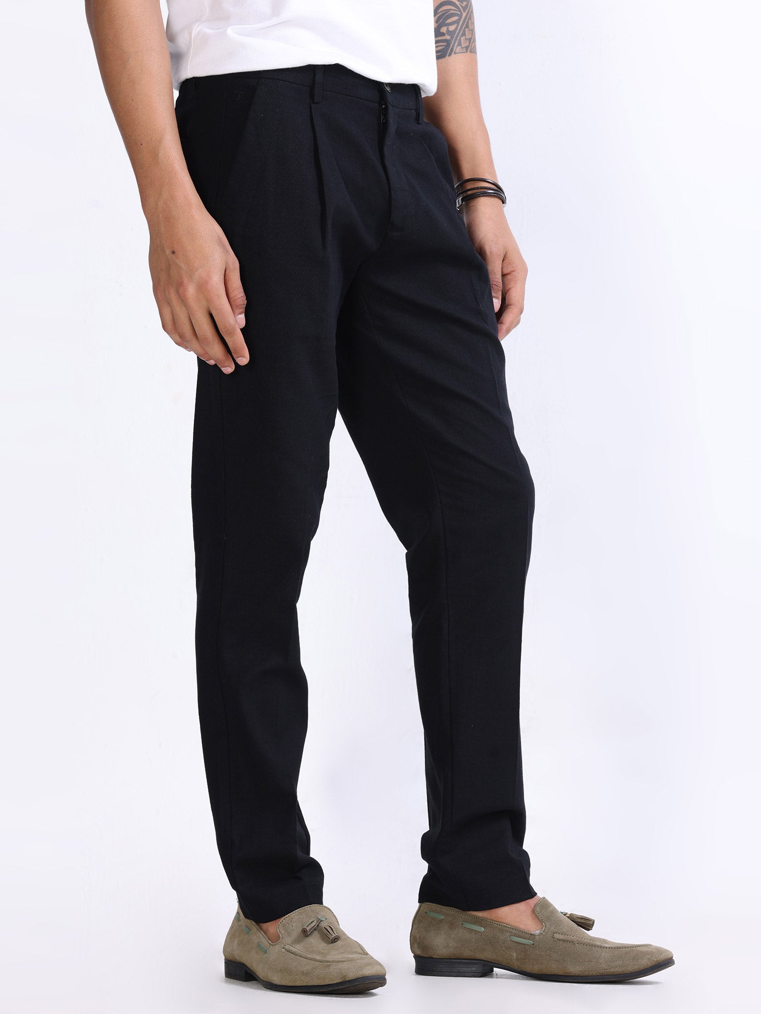Raw Slub Black Pleated Pant mens black linen trousers 