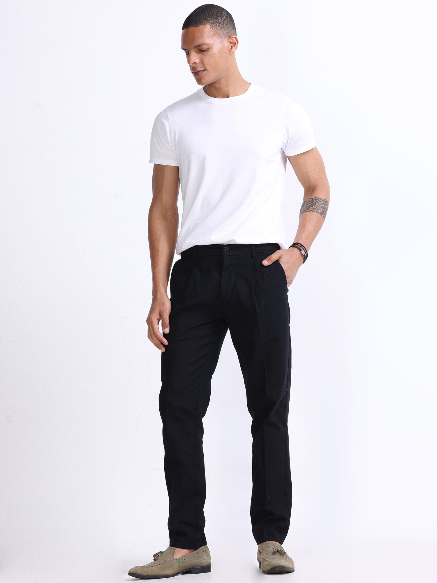 Raw Slub Black Pleated Pant mens black linen trousers 