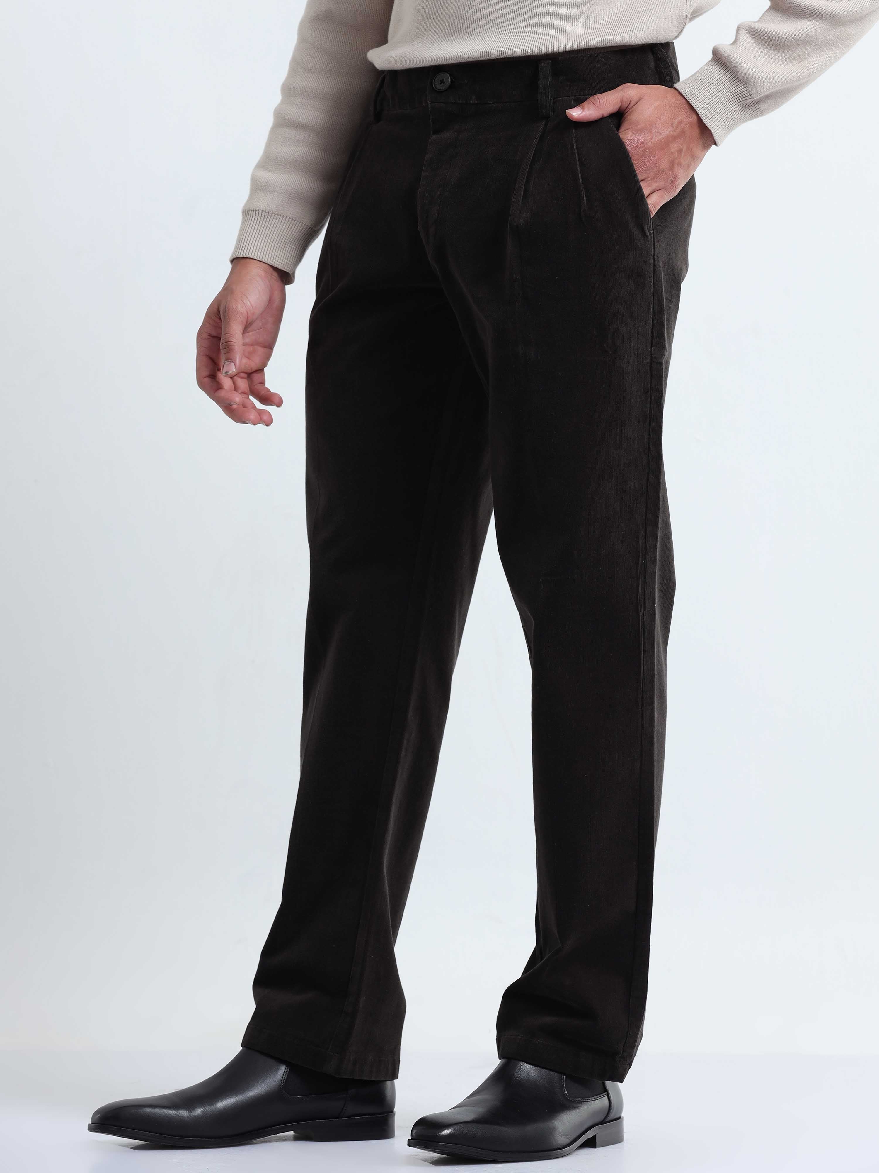 Dark Olive Relaxed Fit Pleated Mens Corduroy Pants