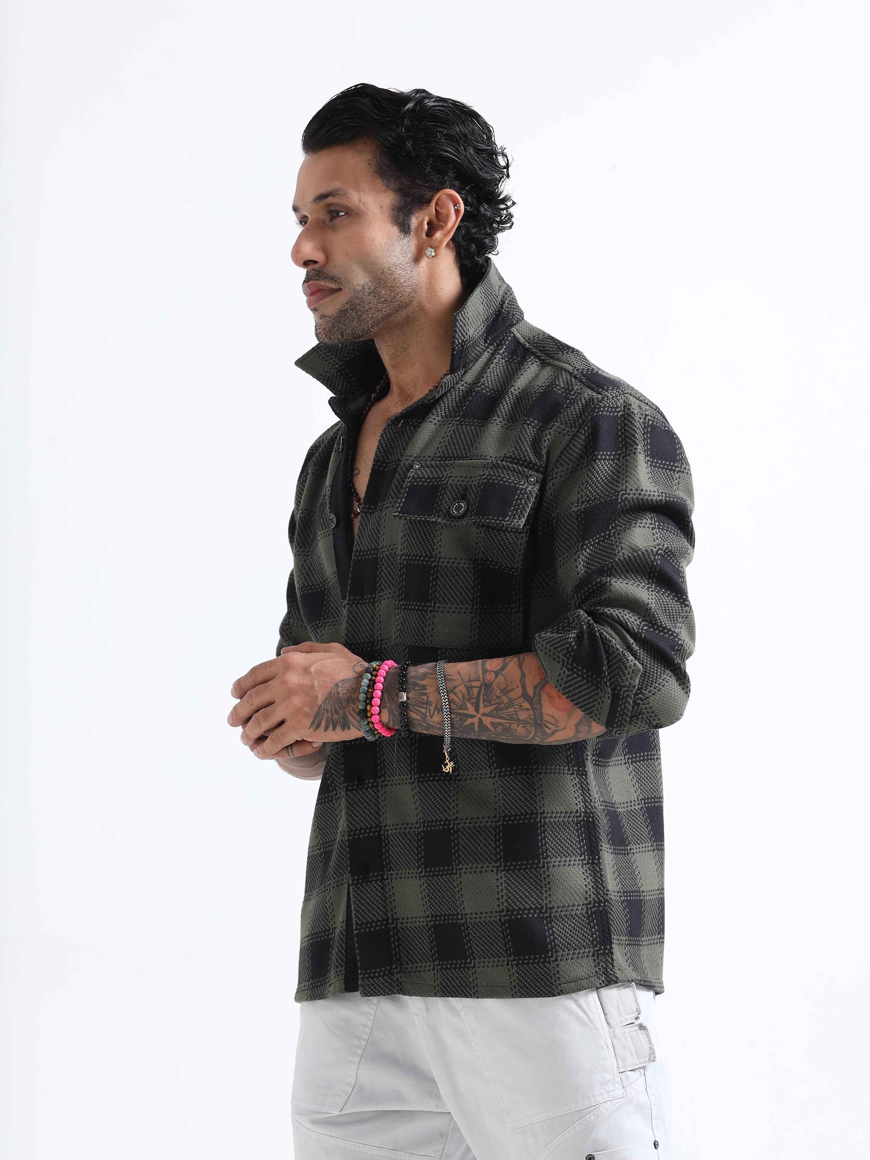 Check Cuban Shacket In Green for Men