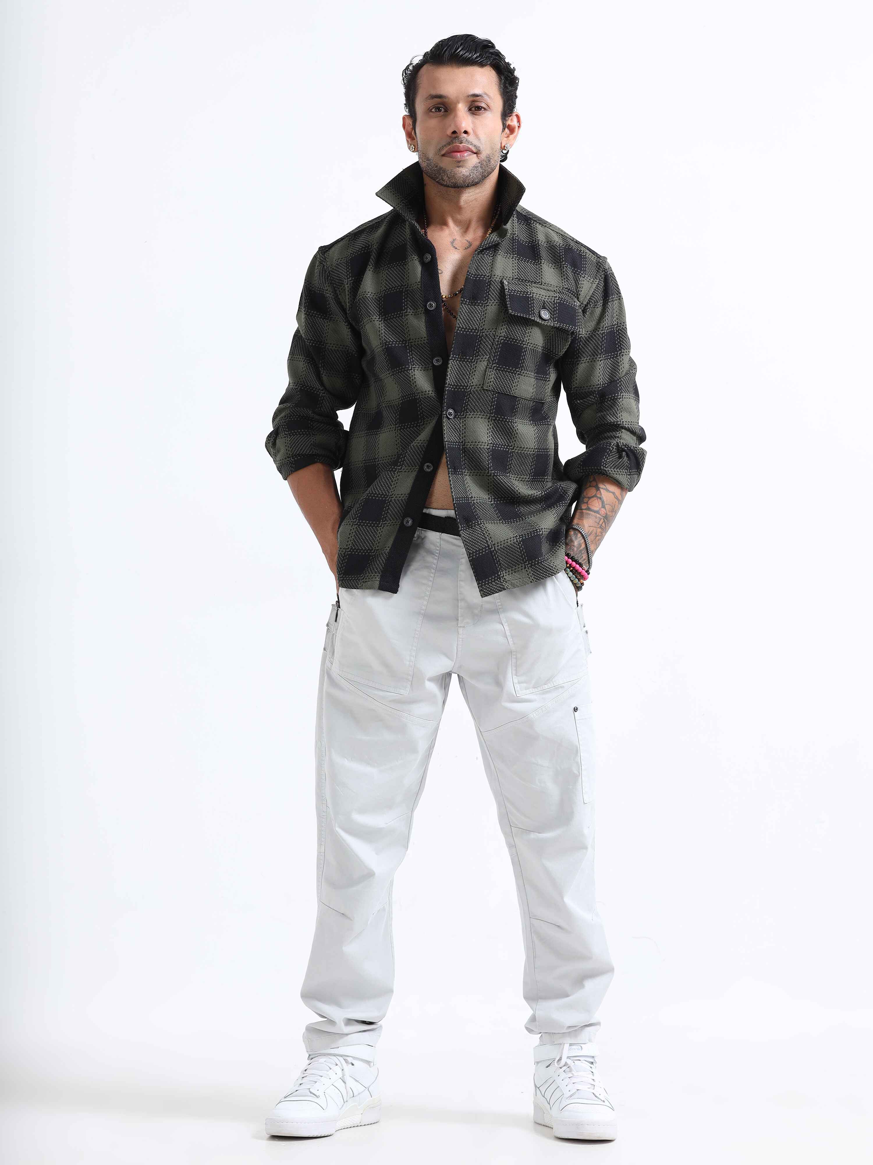 Check Cuban Shacket In Green for Men