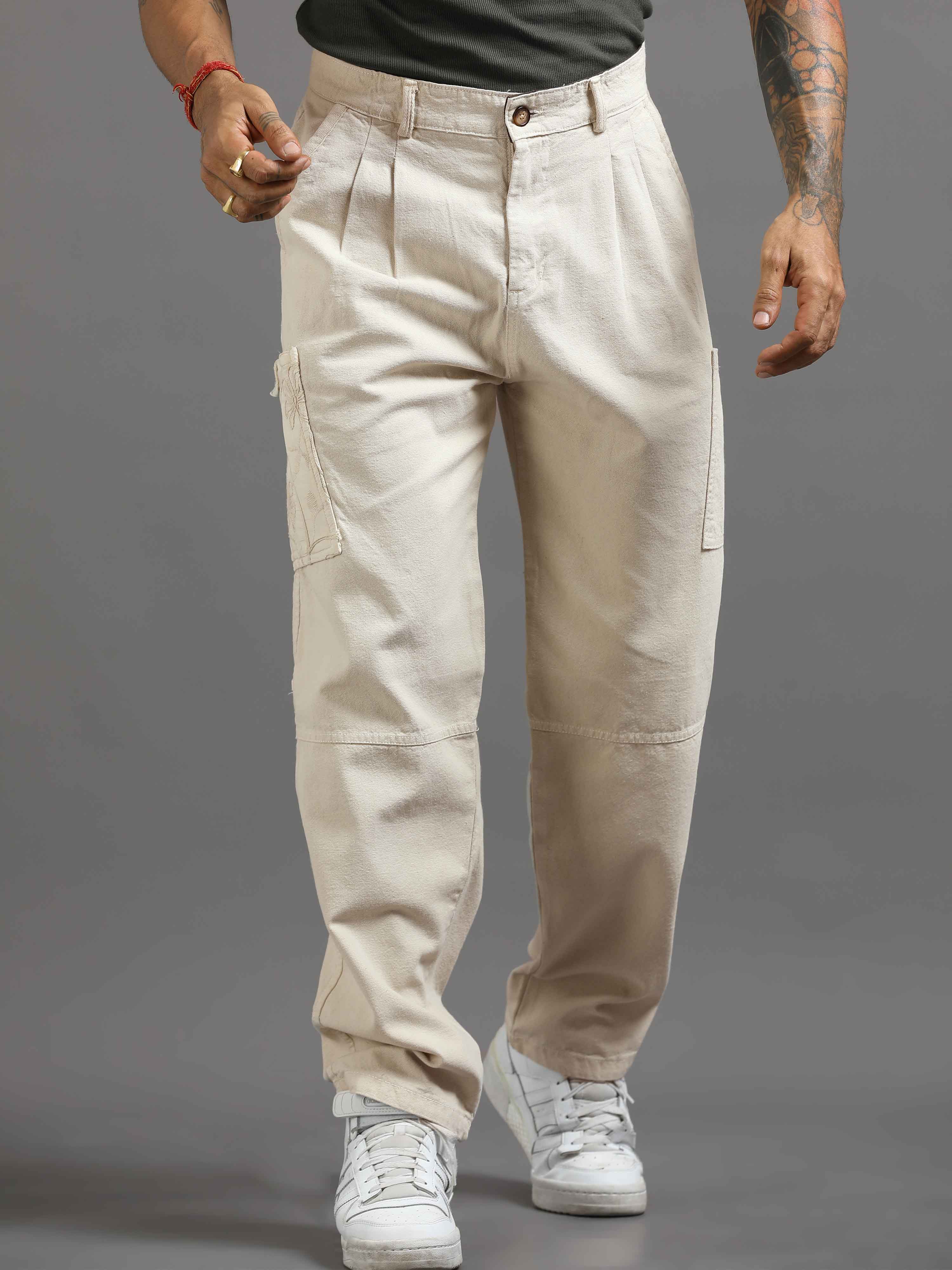 Ecru Pleated Cargo Pant In Cream