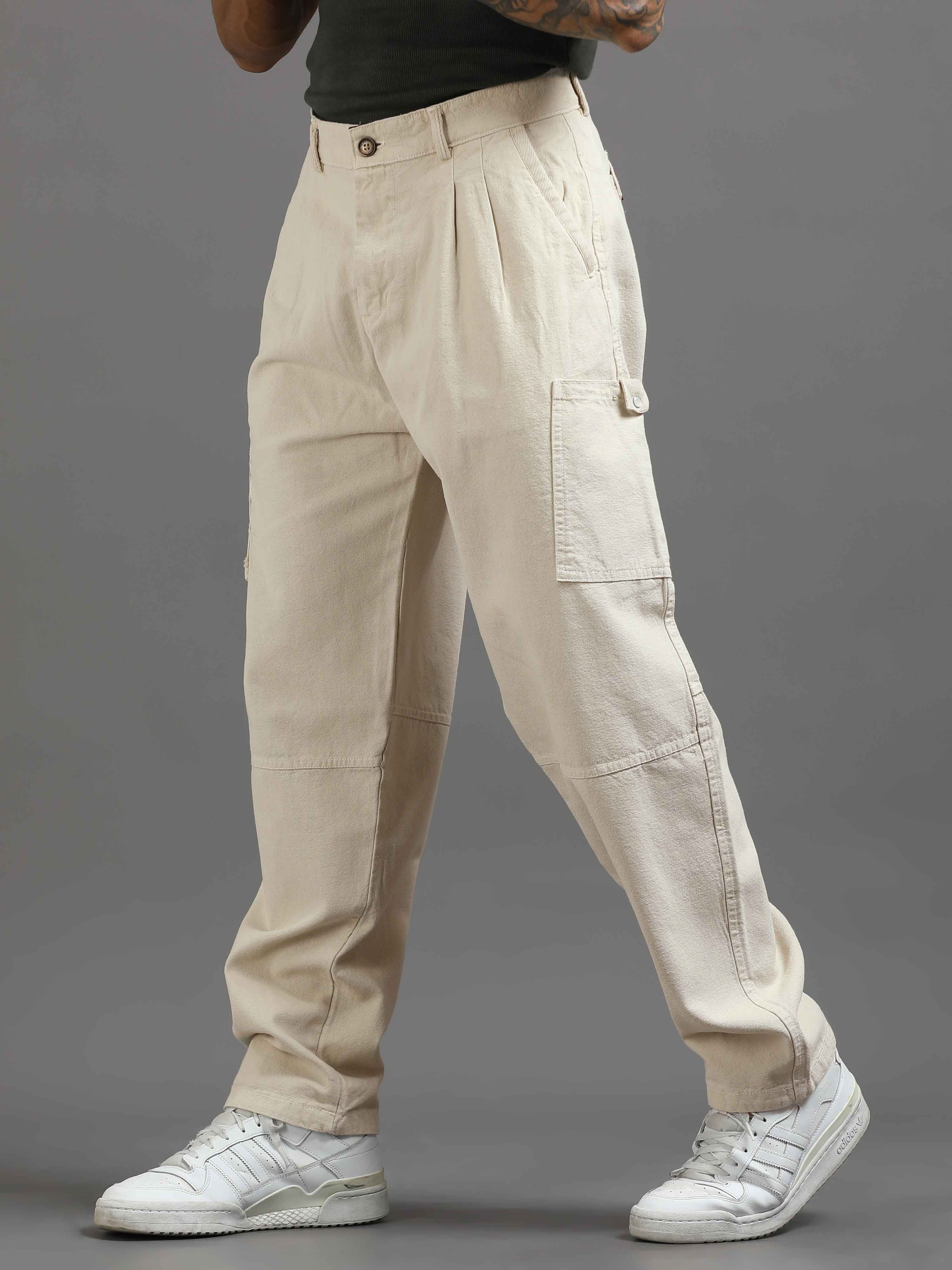 Ecru Pleated Cargo Pant In Cream