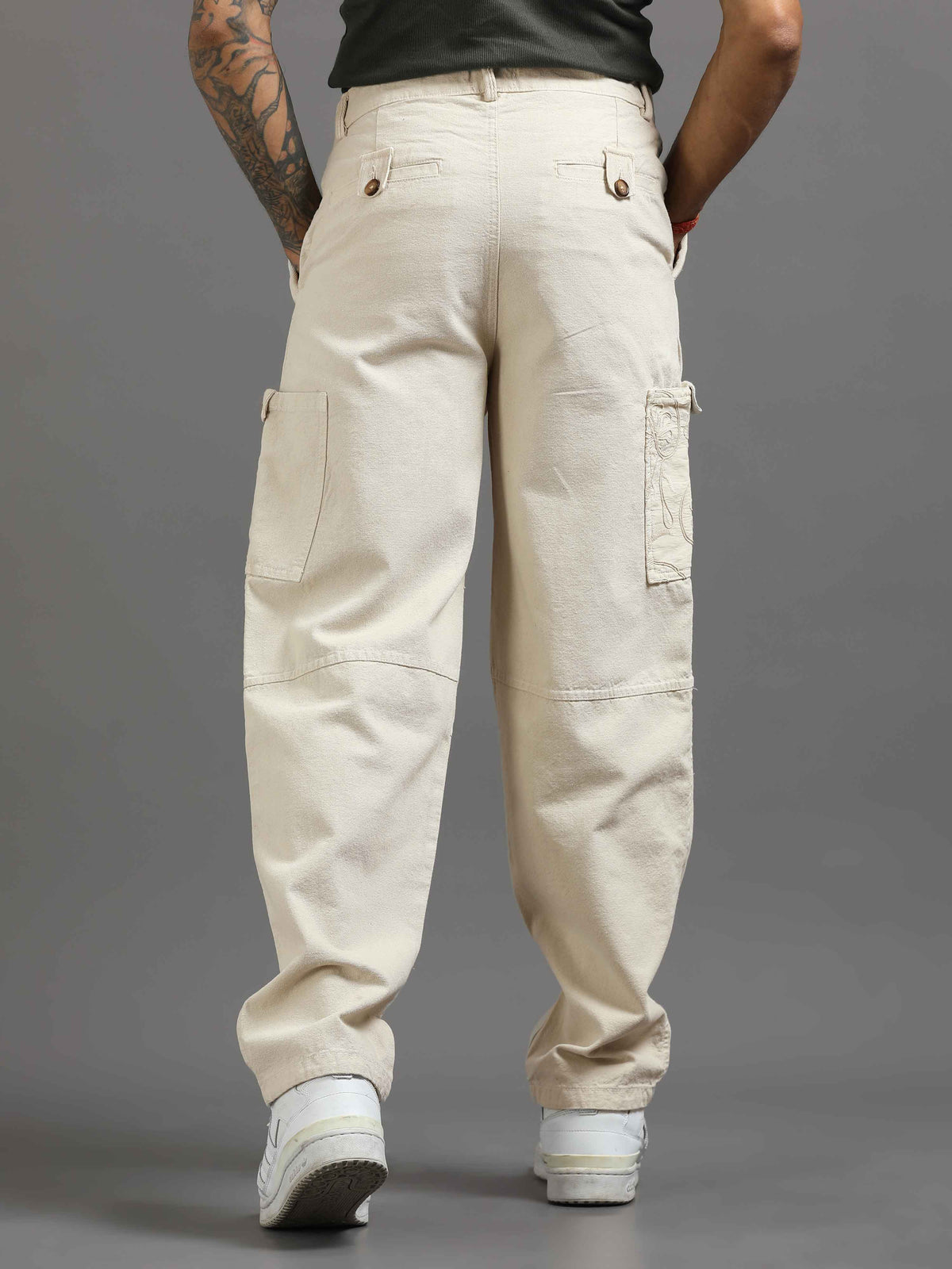 Cream Cargo Pants for Men detail view - Ecru Pleated Cargo Pant by Italian Colony