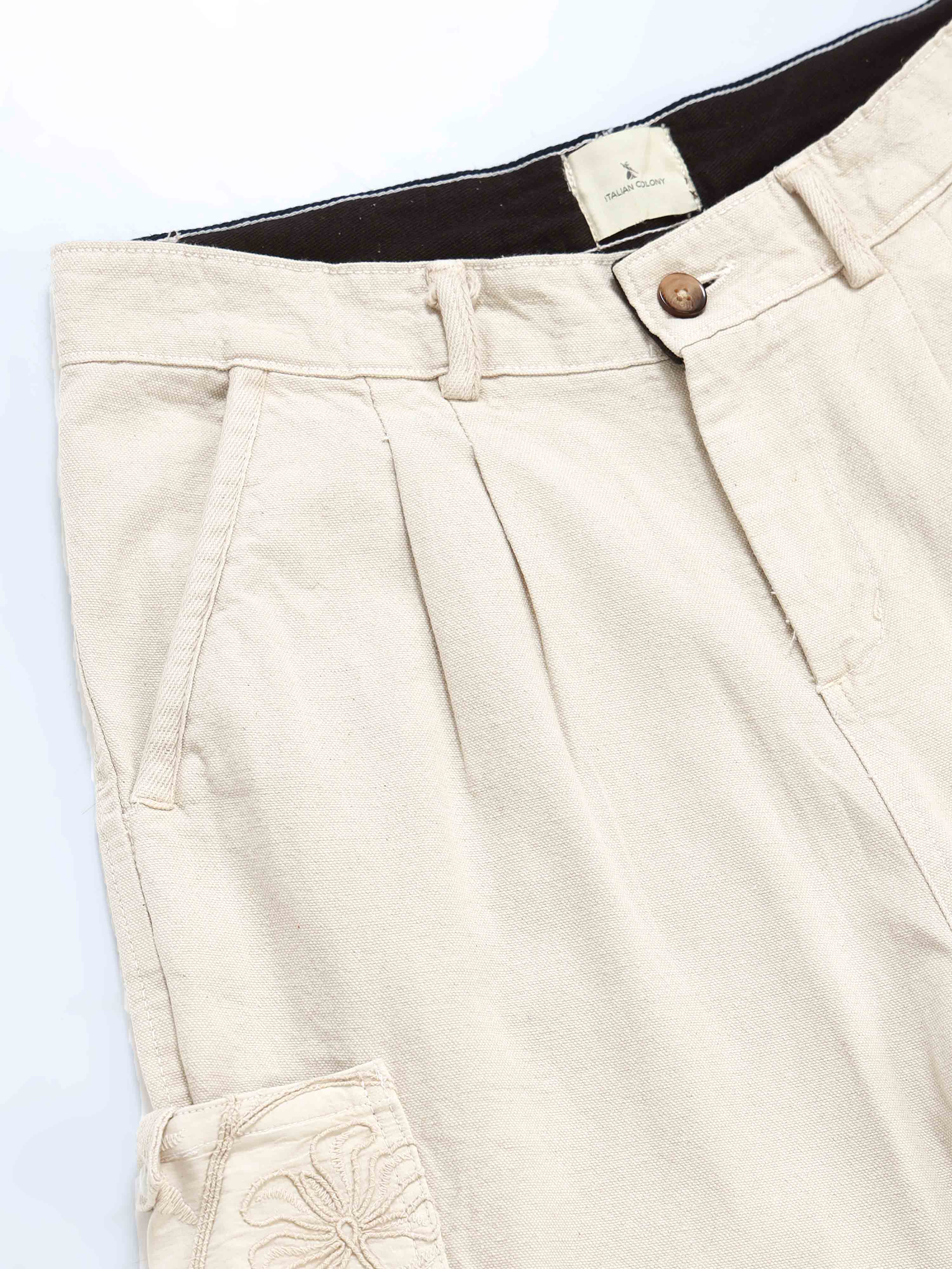 Ecru Pleated Cargo Pant In Cream