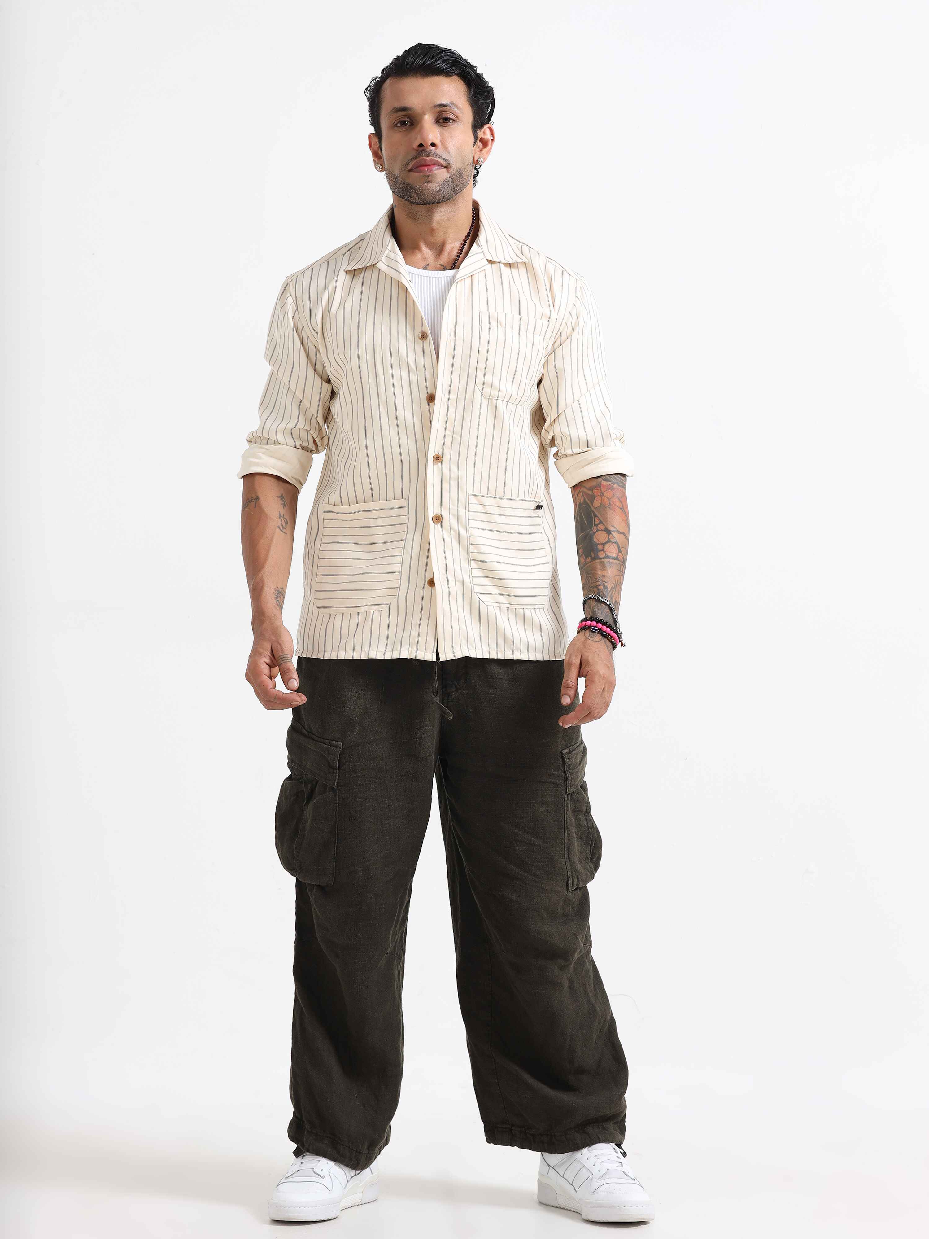 Stripe Shacket In Cream for men