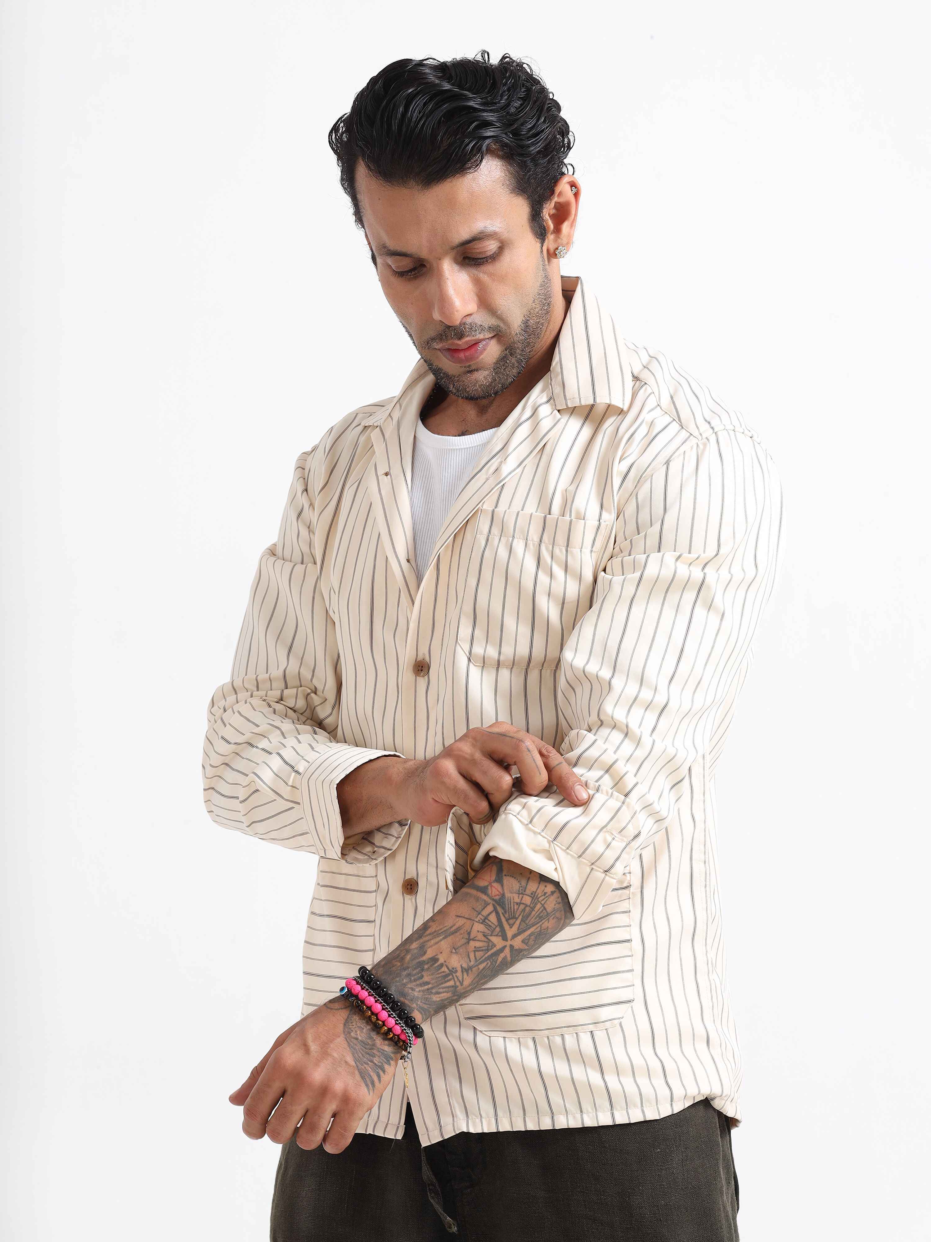 Stripe Shacket In Cream for men
