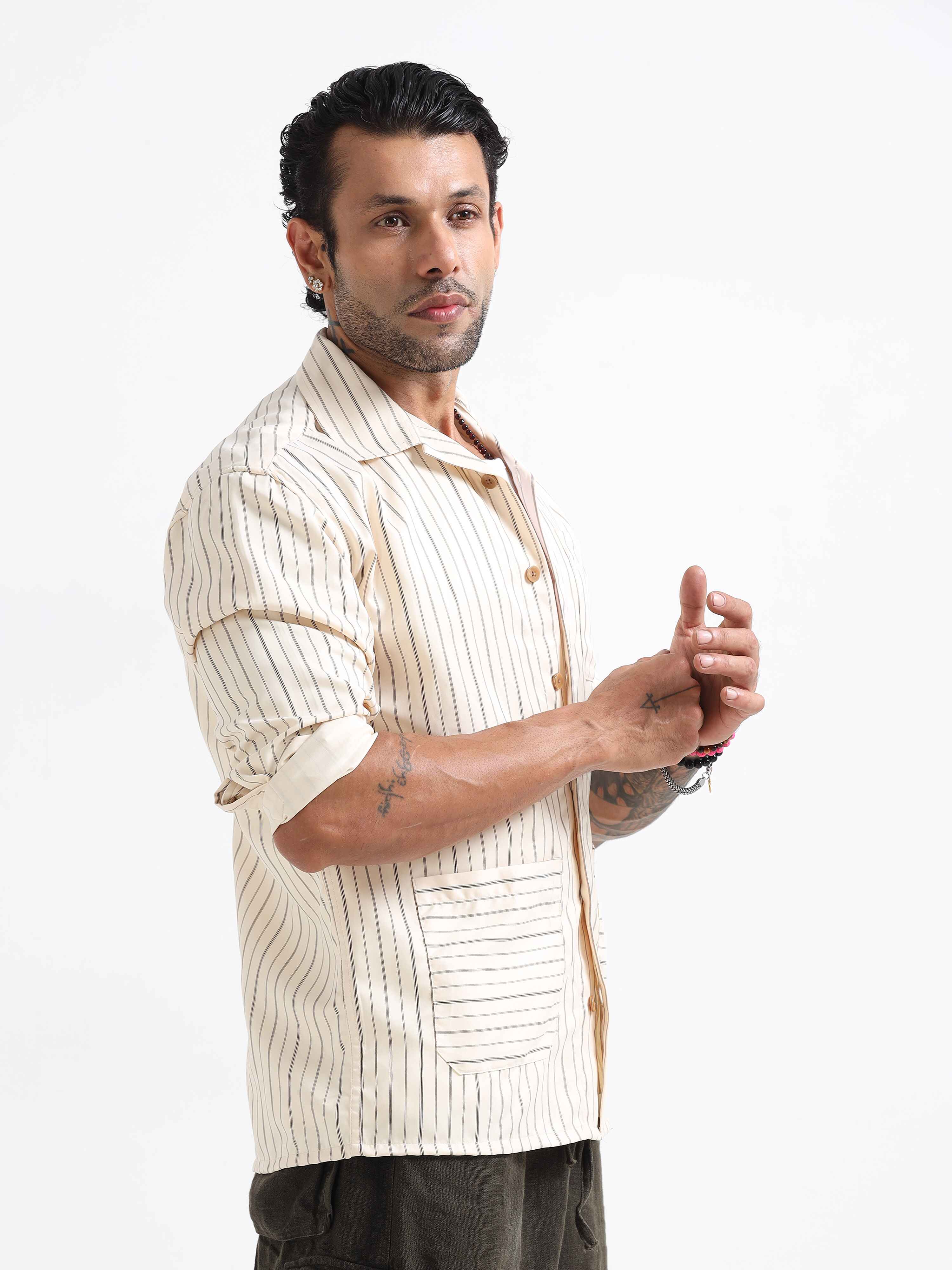 Stripe Shacket In Cream for men