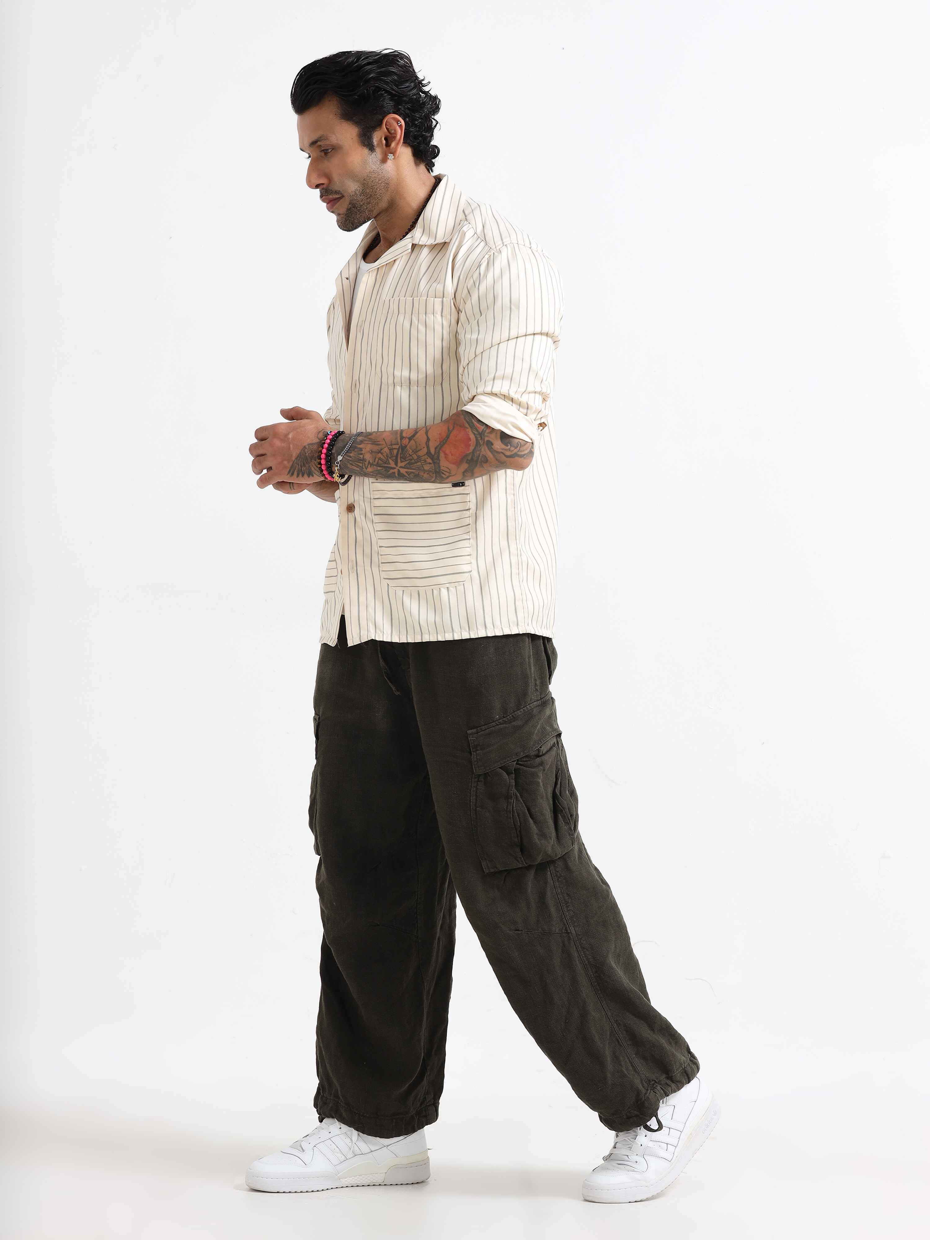 Stripe Shacket In Cream for men
