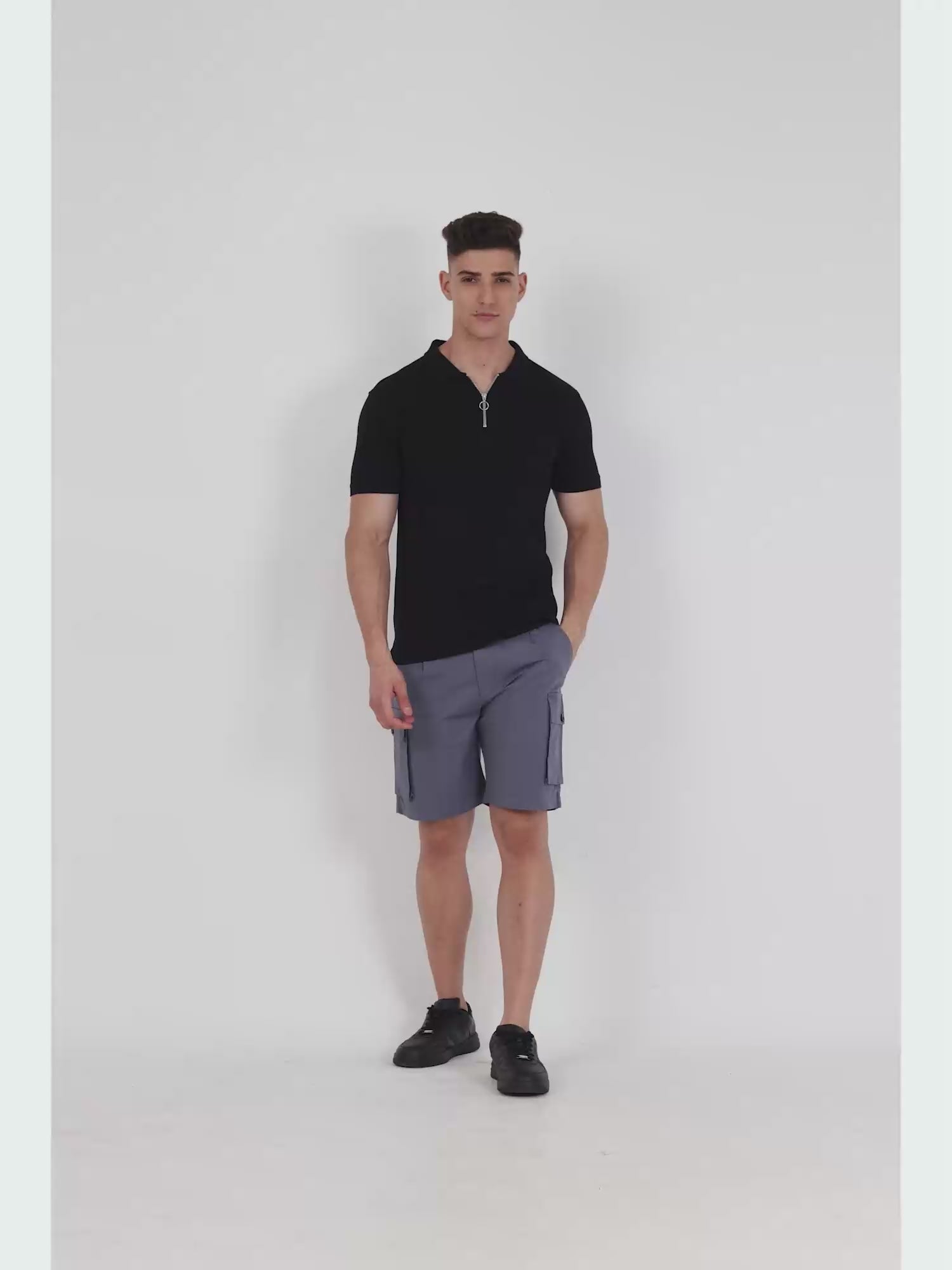Soft Cotton Pleated Stone Blue Cargo Shorts for Men