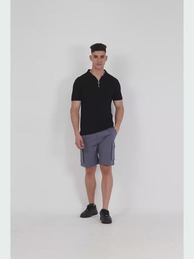 Soft Cotton Pleated Stone Blue Cargo Shorts for Men