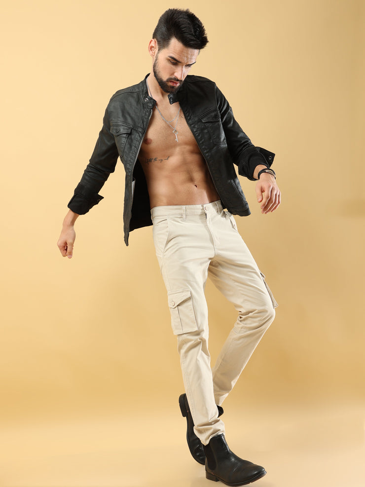 Slim Fit Cargo Cream Trouser