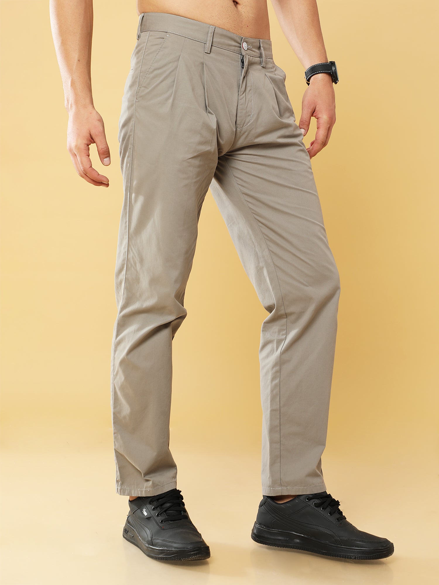 Pleated Light Grey Cotton Chino