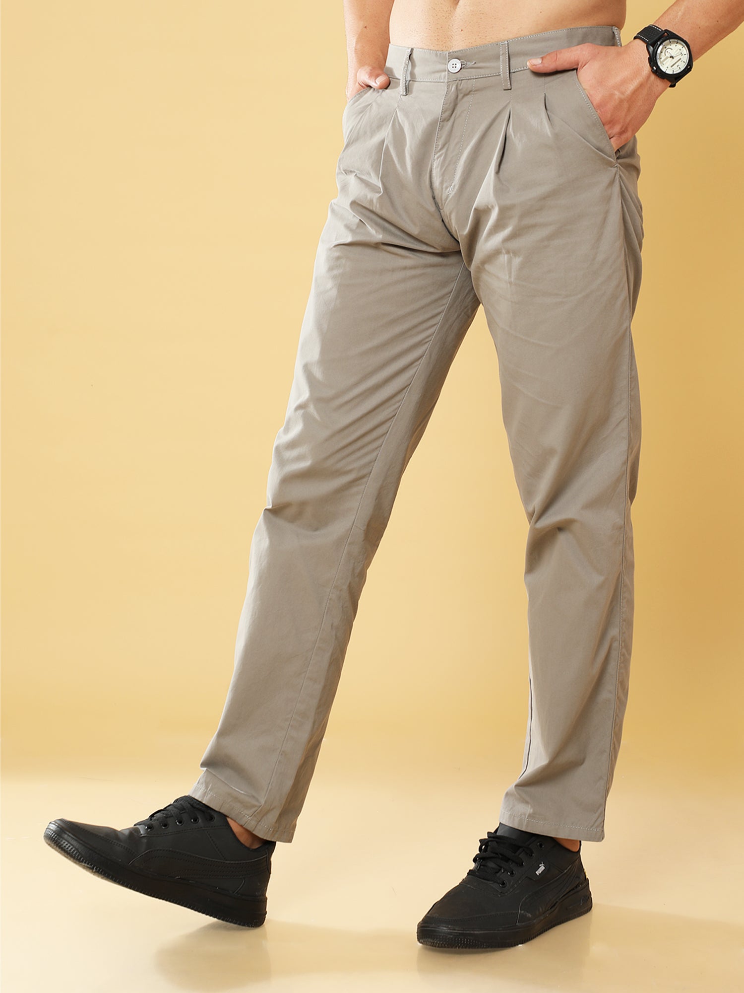 Pleated Light Grey Cotton Chino