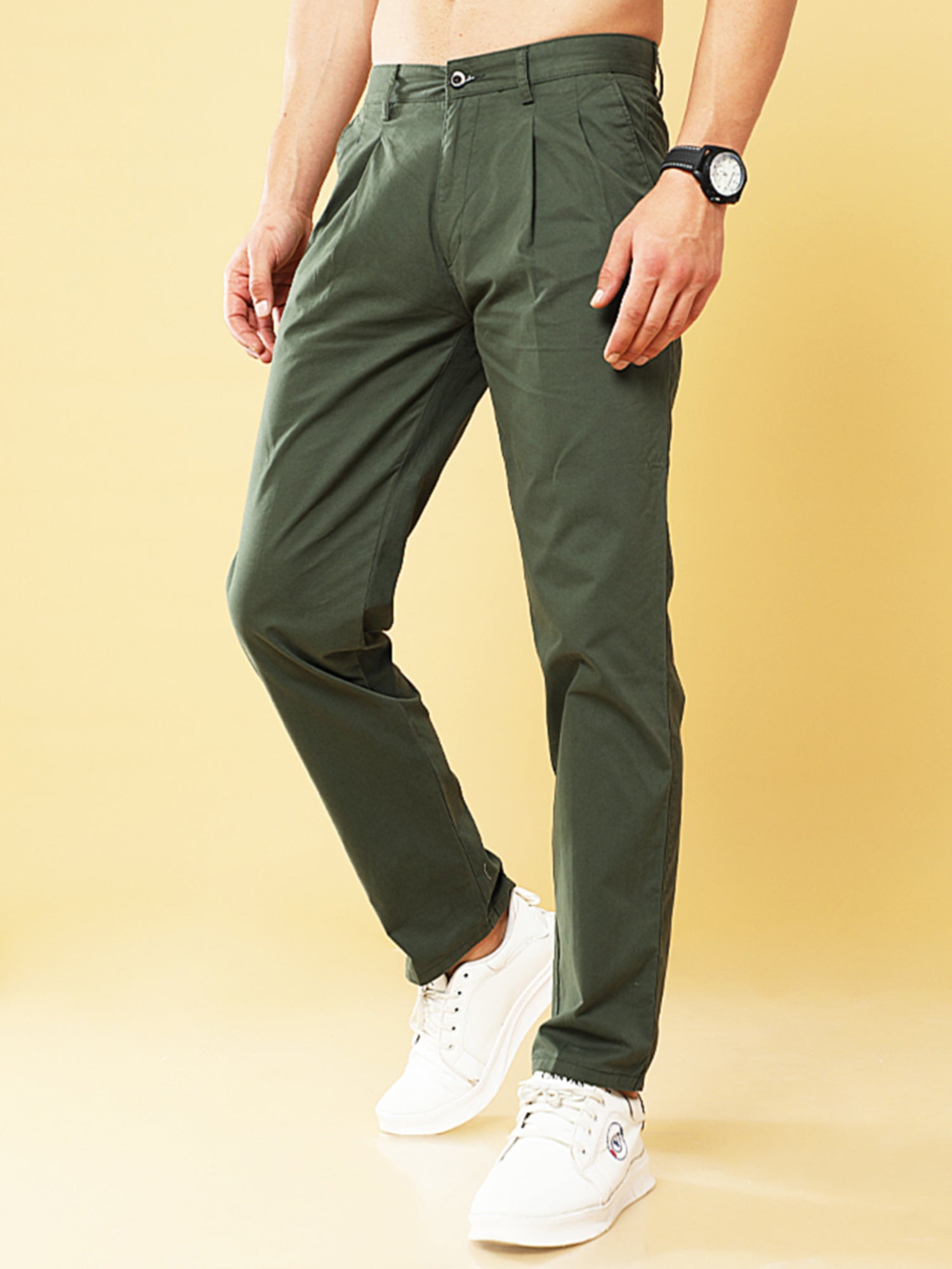 Pleated Olive Cotton Chino