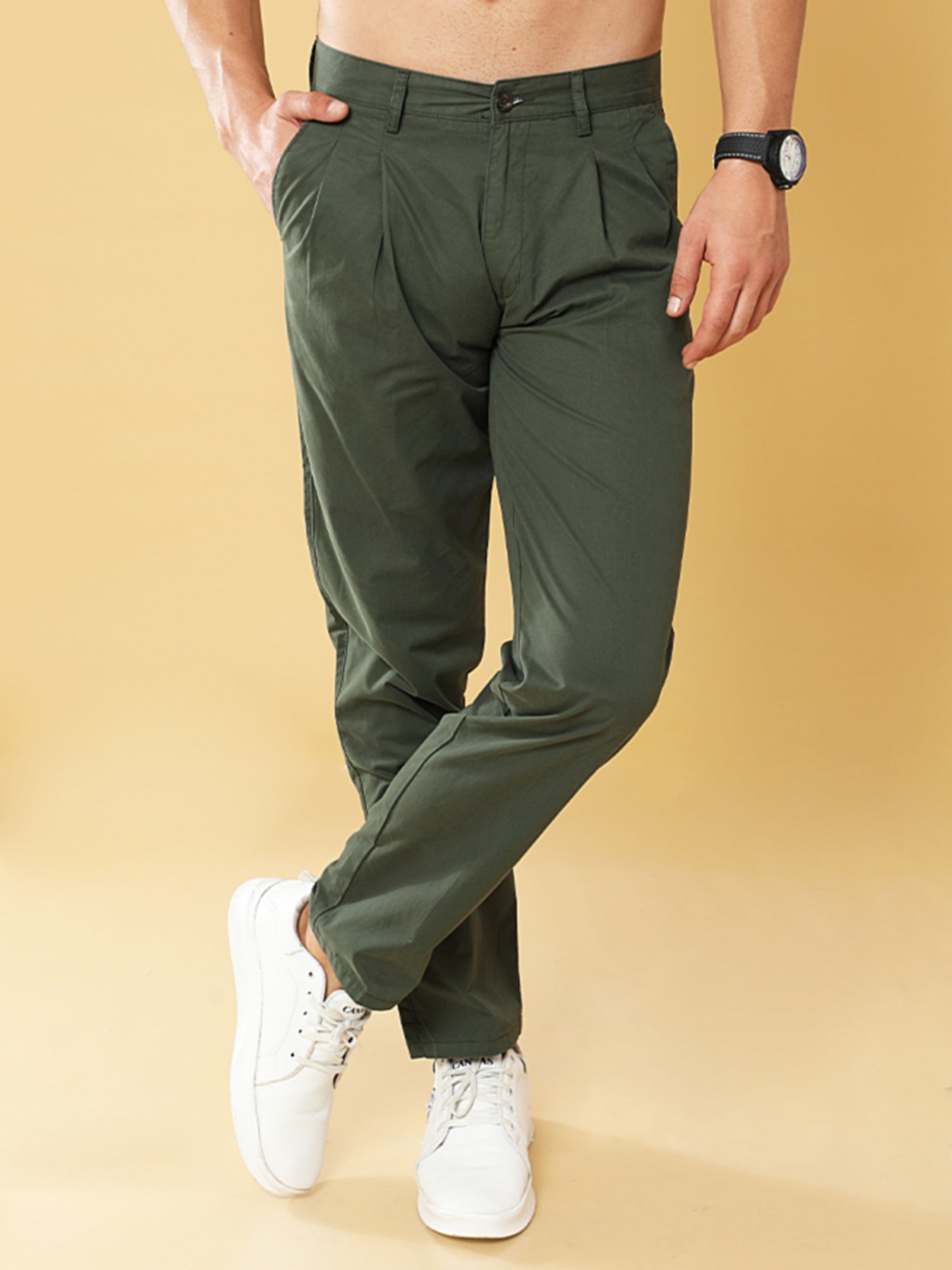 Pleated Olive Cotton Chino