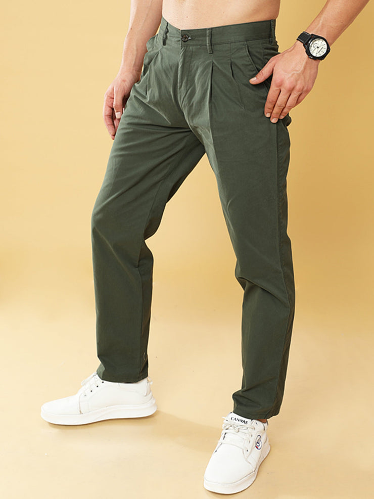 Pleated Olive Cotton Chino