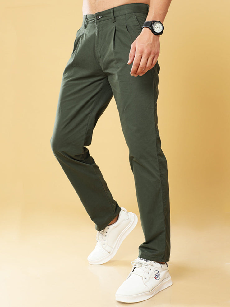 Pleated Olive Cotton Chino