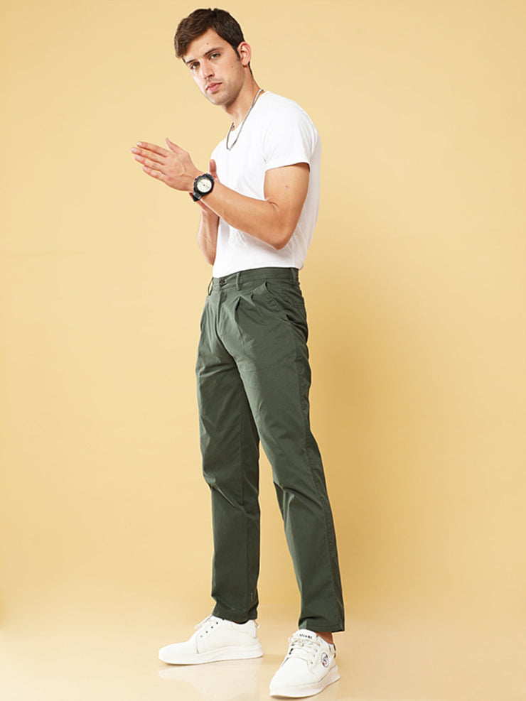 Pleated Olive Cotton Chino