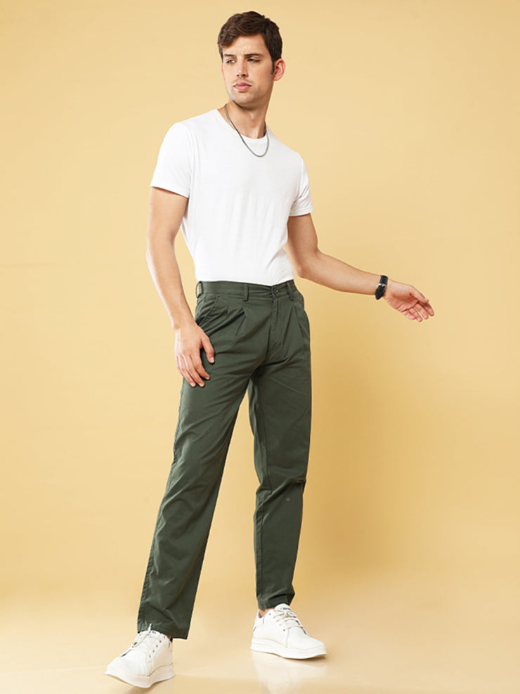 Pleated Olive Cotton Chino