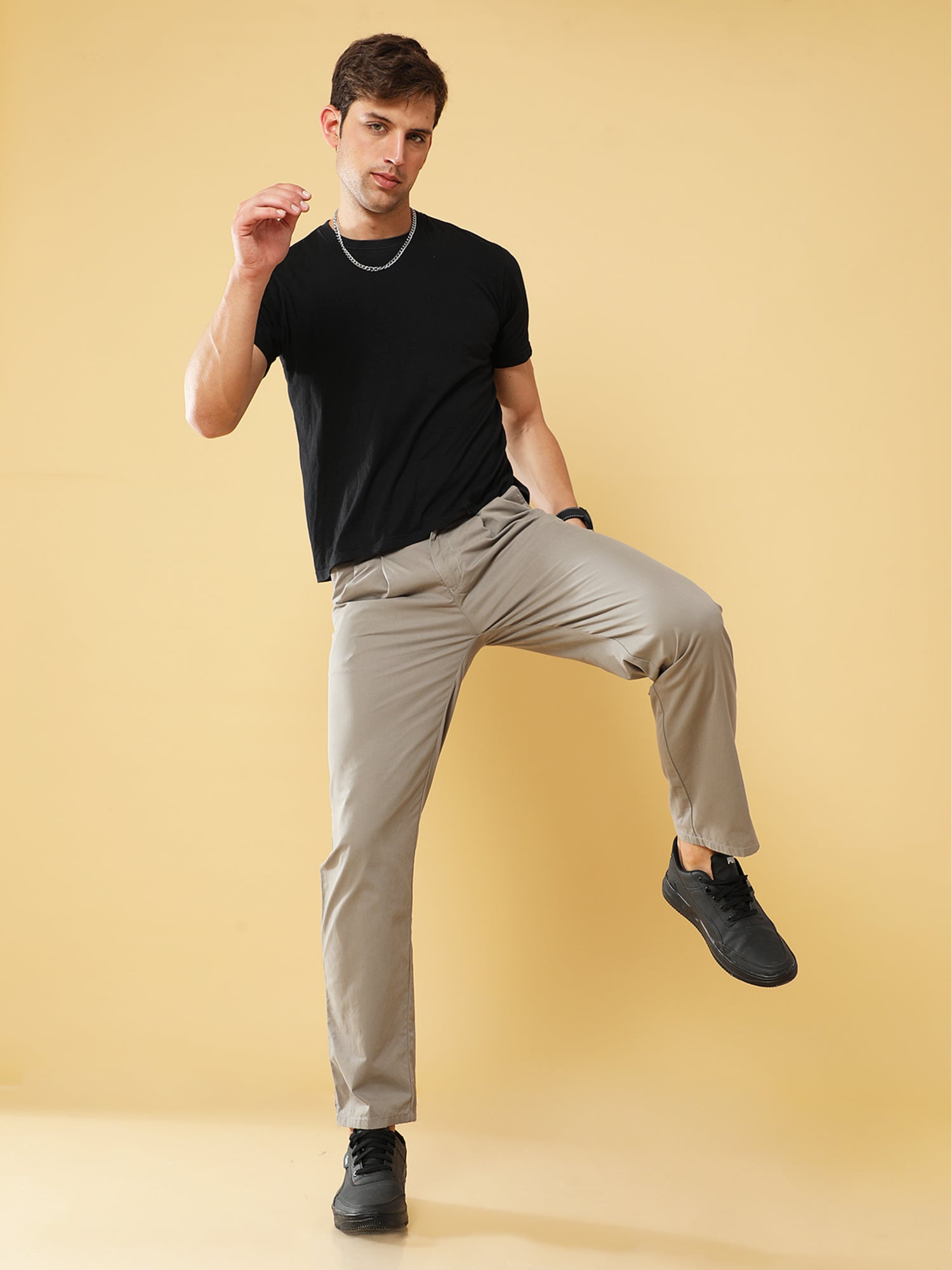 Pleated Light Grey Cotton Chino