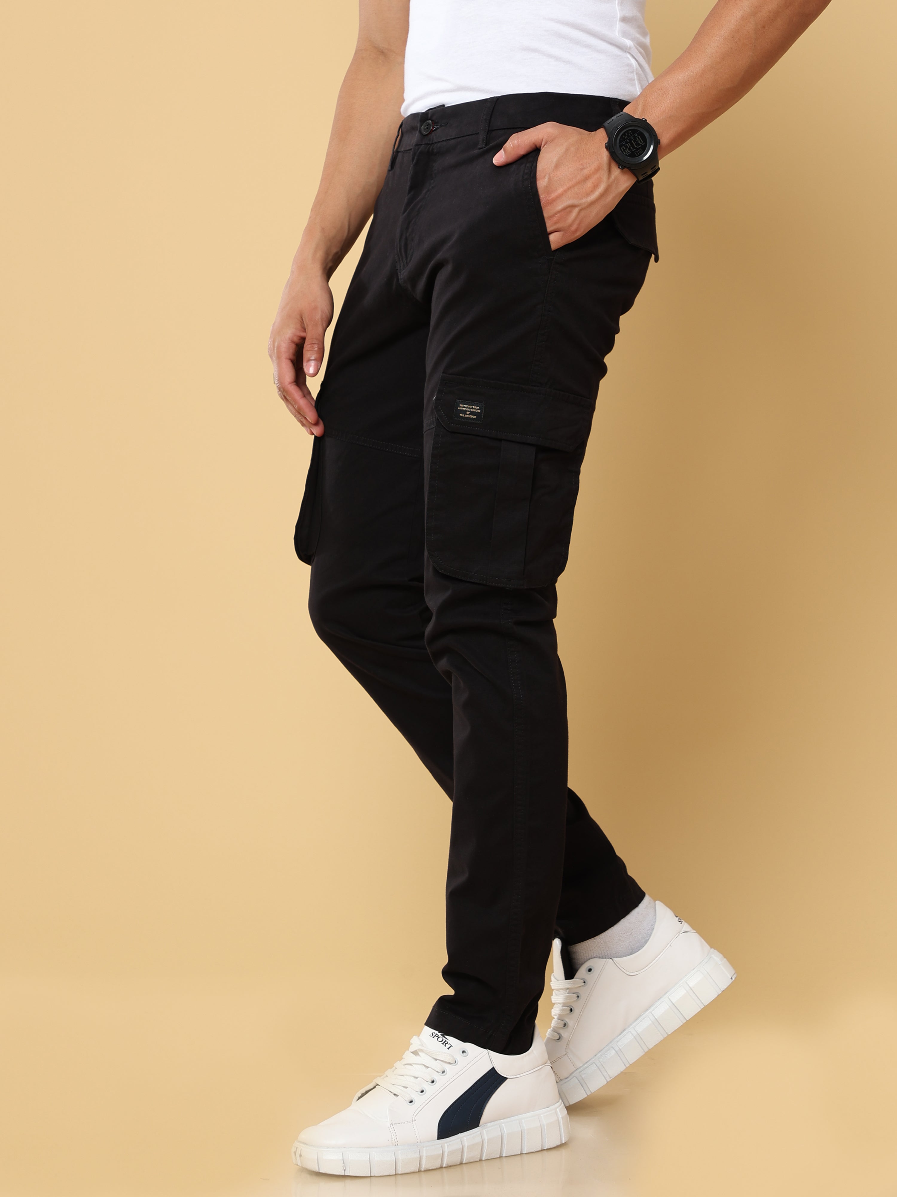 Men's Elastic Waist Multi Pocket Zip Cargo Trouser | Boohoo UK