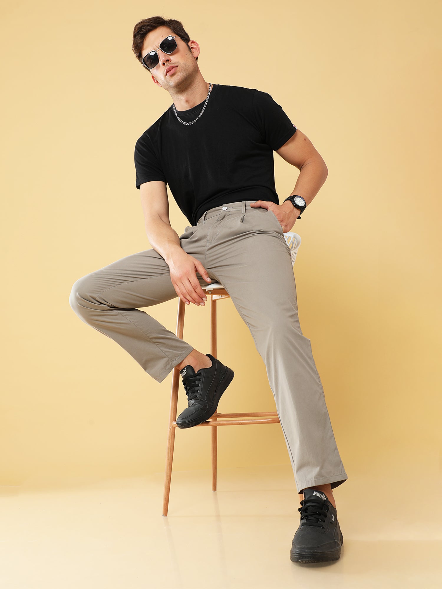 Pleated Light Grey Cotton Chino